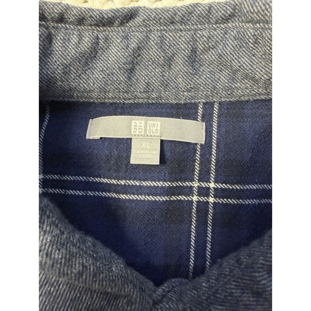 UNIQLO Mens XL Patchwork Plaid Flannel Shirt Red Navy Blue Cotton Button Up - Picture 3 of 6